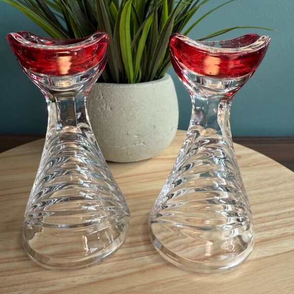 Vintage Anna Hutte Germany Crystal Candle Holders Ruby Accent Art Deco - Picture 1 of 8